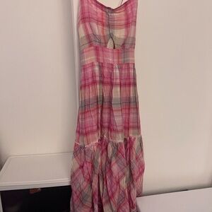 Ritu Kumar Pink Plaid Sleeveless Maxi Dress with Cutout